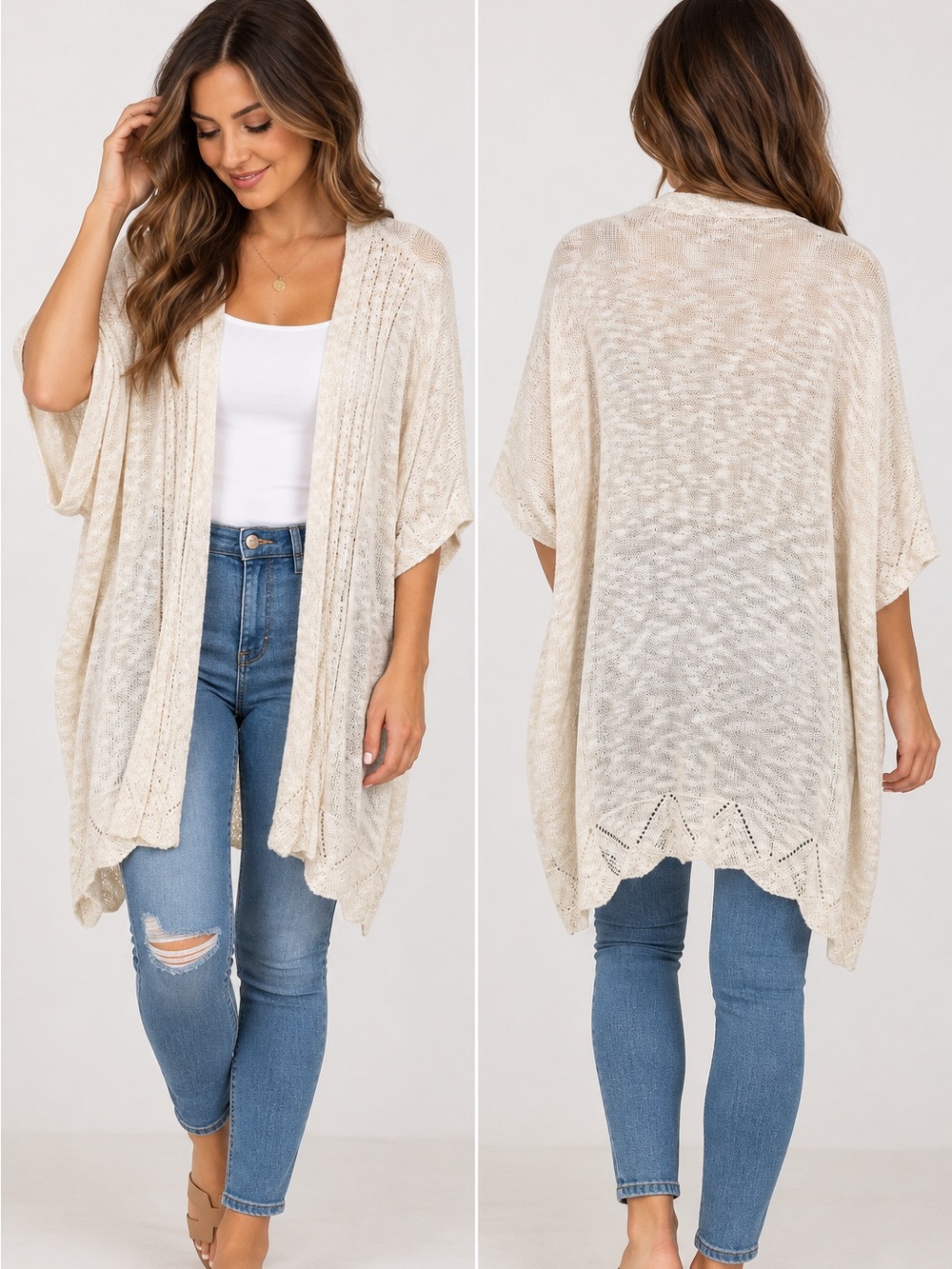 Pink Lily Cream Tan Open Front Knit Kimono Cardigan Boho Size Medium